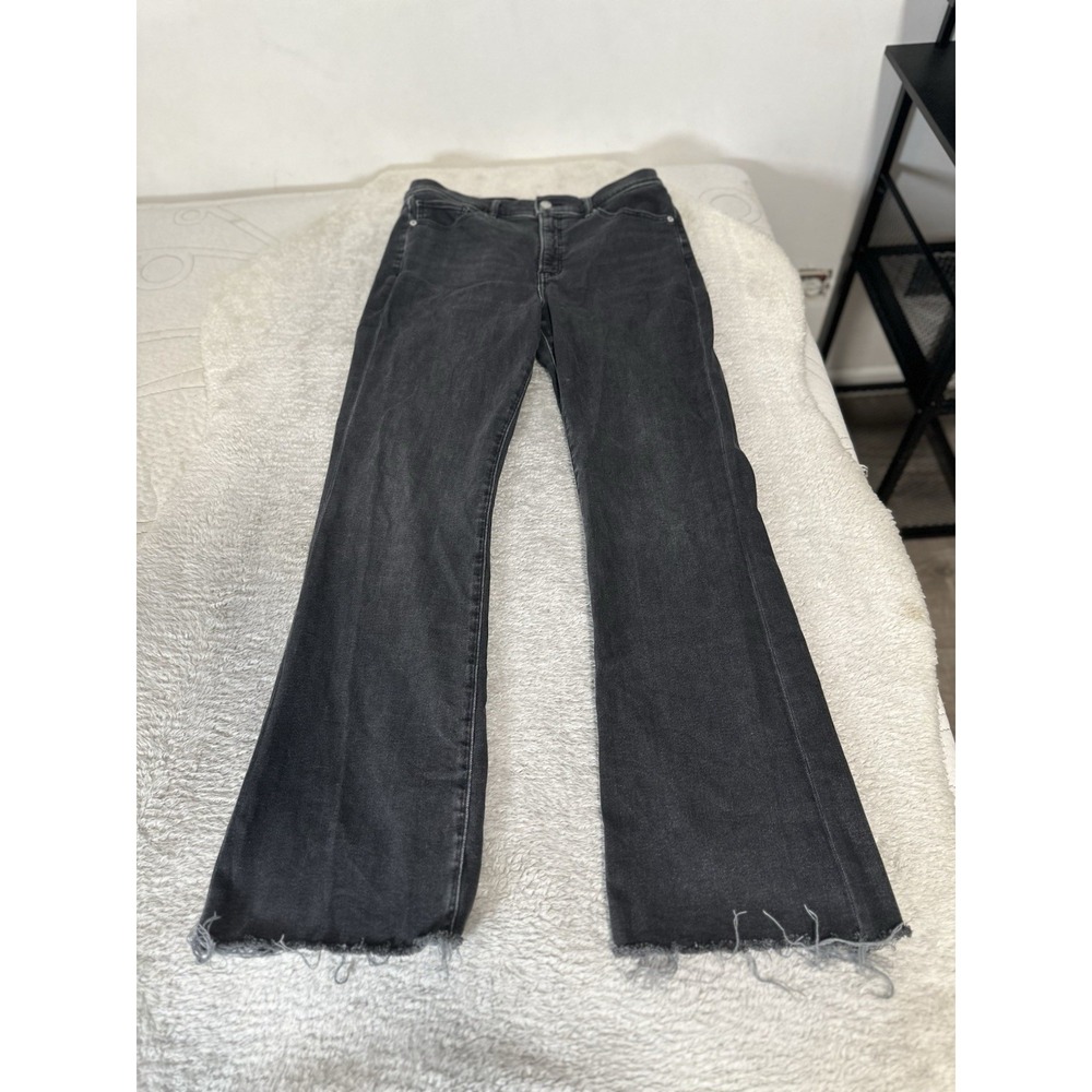 Express High Rise Bootcut Black Washed Denim Jeans Size 12R Fray Ankle